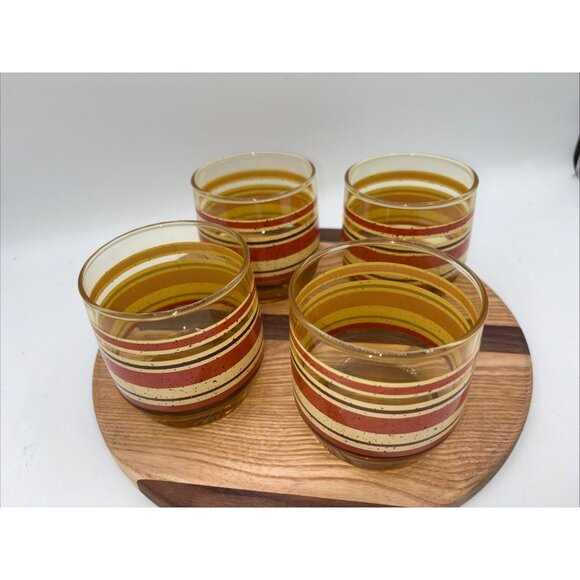 Vintage MCM Anchor Hocking Set of 4 Juice Glasses Amber Glass, Red/Brown Stripes - Picture 2 of 5